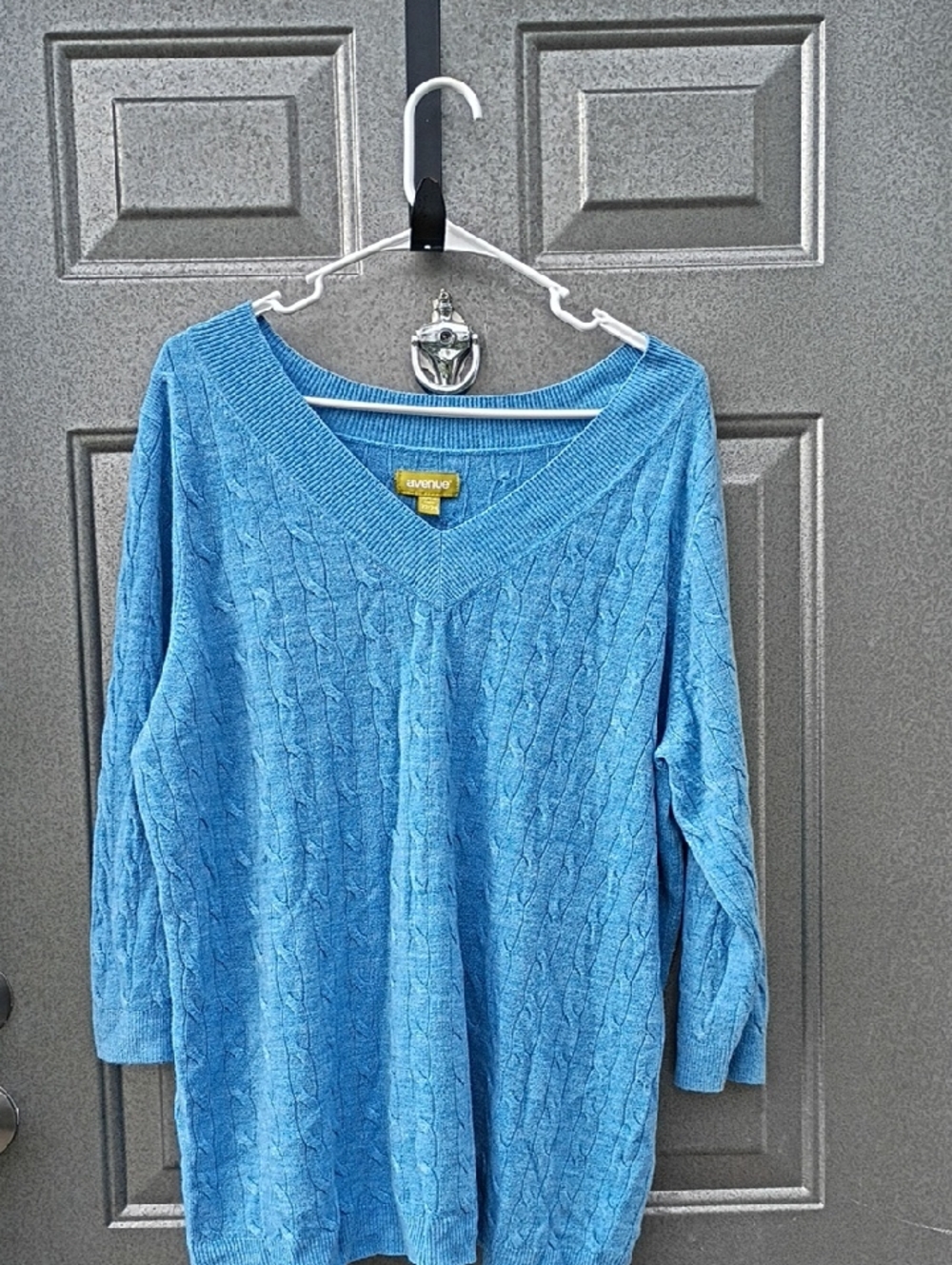 Avenue Sky Blue Cable-Knit V-Neck Sweater